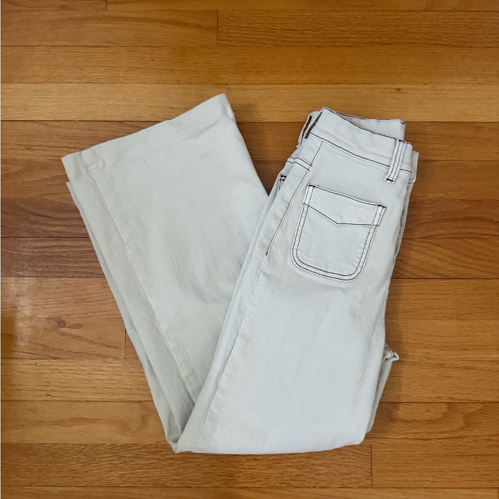 High Waist Crop Ankle Wide Leg Utility Jeans - Ivory / Cream - Size 23